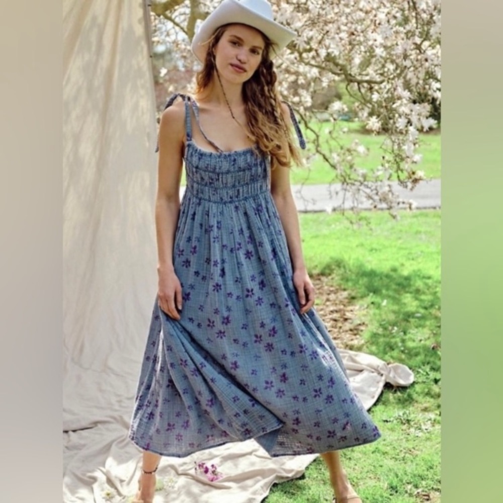 FREE PEOPLE Dress AZURE Boho Maxi Midi Blue Purple Floral Cotton Size Small